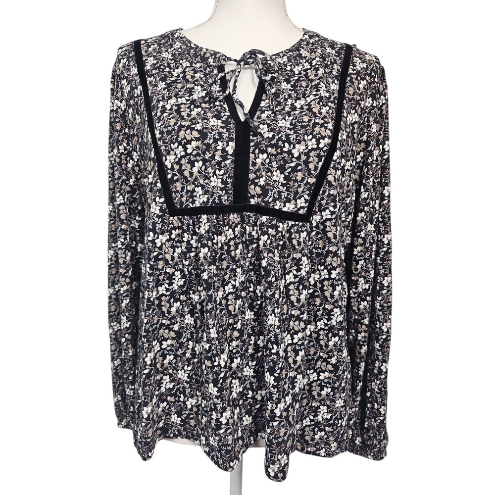 Lucky Brand Floral Boho Black Floral Velvet Trim Tie Neck Blouse Women's Large - Picture 1 of 9